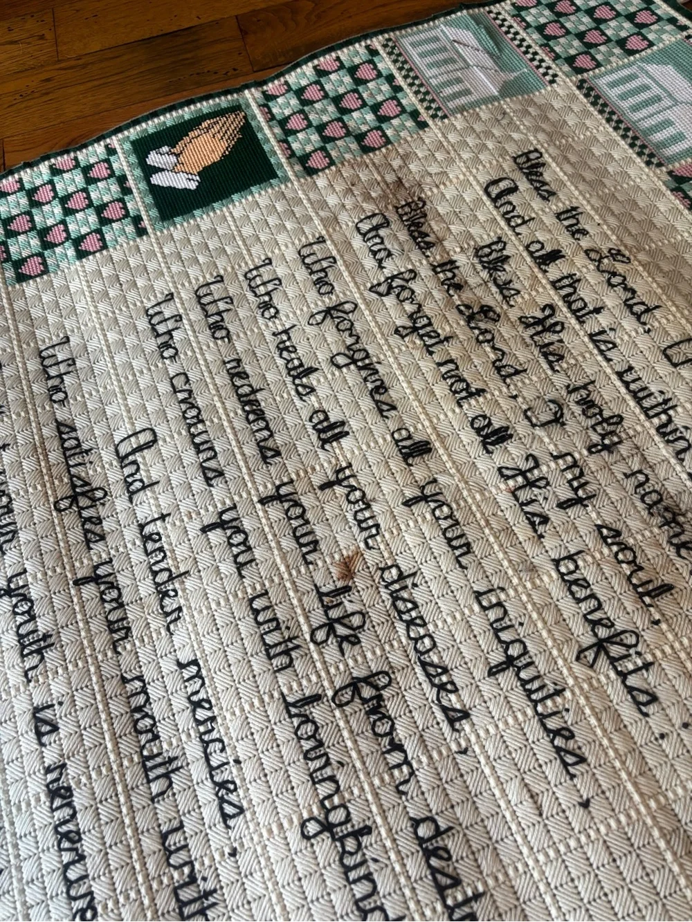 Handmade Green and White Religious Wall Hanging with Scripted Blessing As Is
